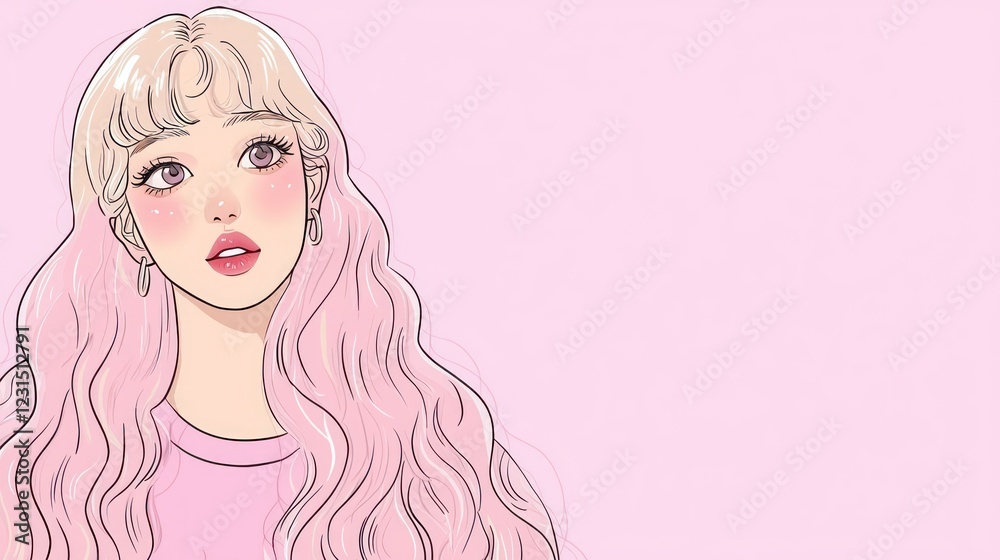 Pink-haired girl, dreamy gaze, pastel background, website banner Pink-haired girl, dreamy gaze, pastel background, website banner