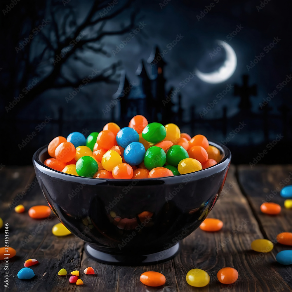 Naklejka premium bowl of candy with haunted house background