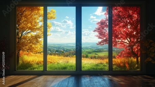 Inside a house, a window divided into four parts, with each section showing a different landscape representing one season