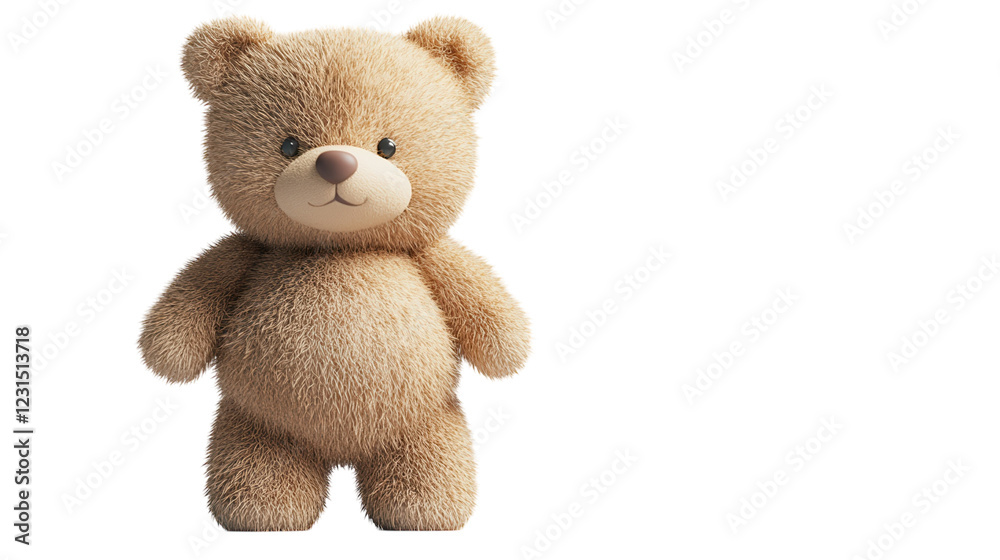 Soft and cuddly teddy bear with fluffy texture standing on a white background in a playful pose