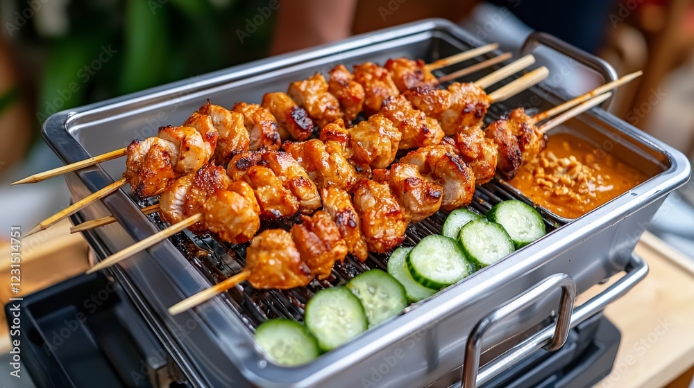 Delicious Grilled Chicken Skewers with Fresh Cucumbers and Tangy Sauce on an Outdoor Barbecue Setup Delicious Grilled Chicken Skewers with Fresh Cucumbers and Tangy Sauce on an Outdoor Barbecue Setup