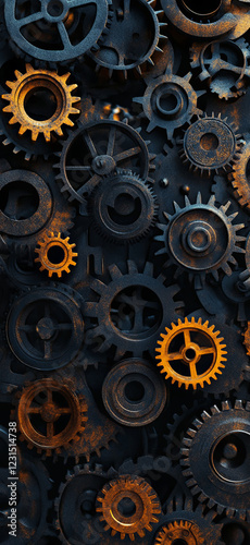 Wallpaper Mural Design of steampunk-style gears on a black background, Rusted Gears on Dark Textured Background Torontodigital.ca