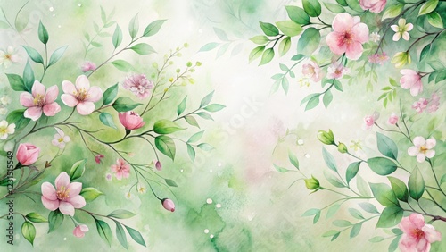 Delicate Watercolor Painting of Blossoming Branches and Leaves on a Soft Green Background