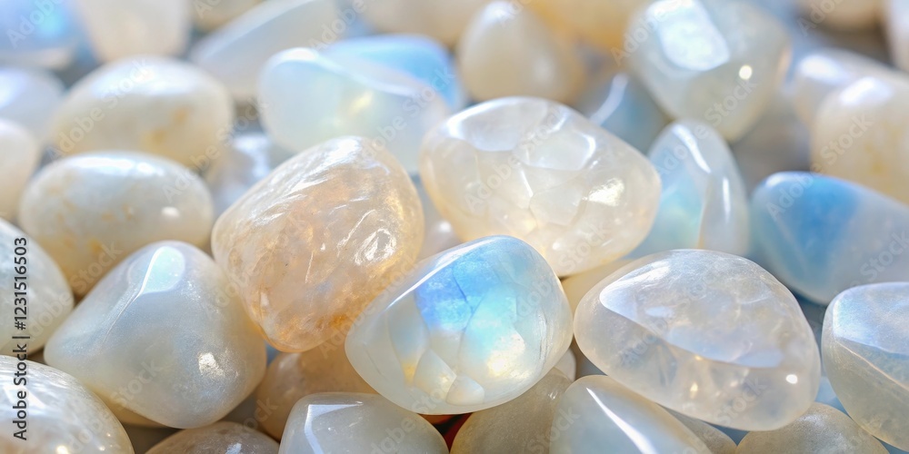 Close-up view of tumbled, iridescent stones with subtle color variations Close-up view of tumbled, iridescent stones with subtle color variations