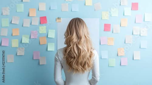 businesswoman Entrepreneur Modern Workspace Young businesswoman brainstorming ideas in a bright, modern office, using a whiteboard and sticky notes