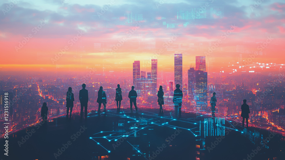 Obraz premium Abstract business team stands on the peak of success amid tall, innovative Smart city and graphs with statistics to analyze business potential and predict future developments in company growth.
