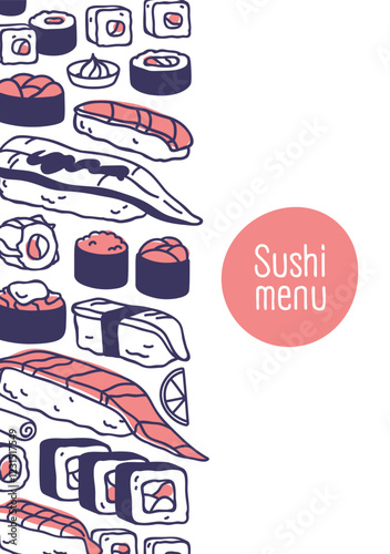 Sushi menu card design for Japanese bar, Asian restaurant. Japan sea food cafe cover background. Traditional oriental cuisine, rolls, maki with fish and rice. Vertical flat vector illustration