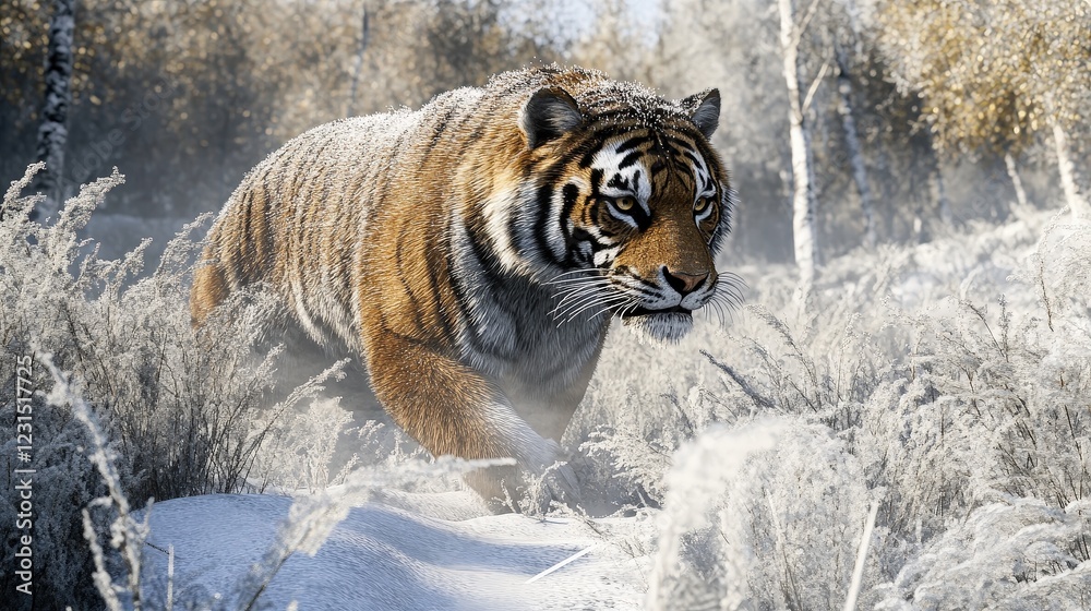 Obraz premium Siberian Tiger Prowling in Winter: A majestic Siberian tiger strides confidently through a snow-covered forest, its powerful presence and striking stripes commanding attention.