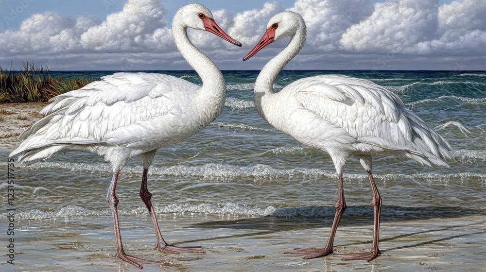 Two White Flamingos Forming a Heart Shape on a Beach Two White Flamingos Forming a Heart Shape on a Beach