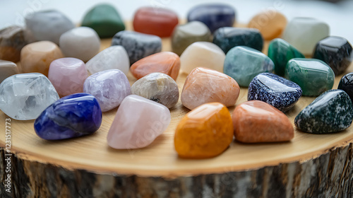 Healing crystals arranged in grid pattern on wooden slice. Spiritual energy, wellness theme. Natural stones of various colors. Perfect for meditation, reiki, crystal healing sessions. Collection of photo