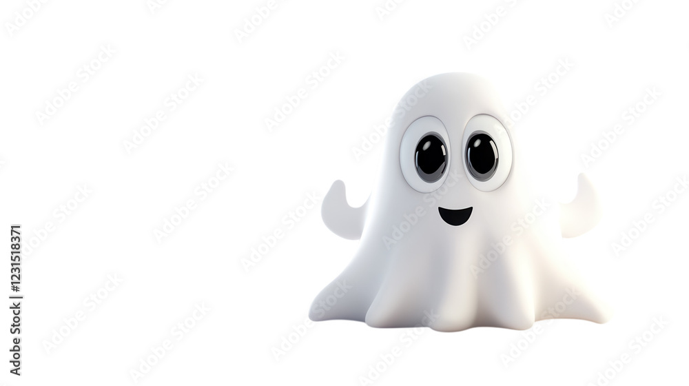 Cute cartoon ghost character with big eyes and a friendly smile on a simple white background Cute cartoon ghost character with big eyes and a friendly smile on a simple white background