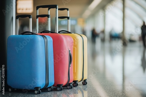 Colorful suitcases airport terminal waiting departure travel photo