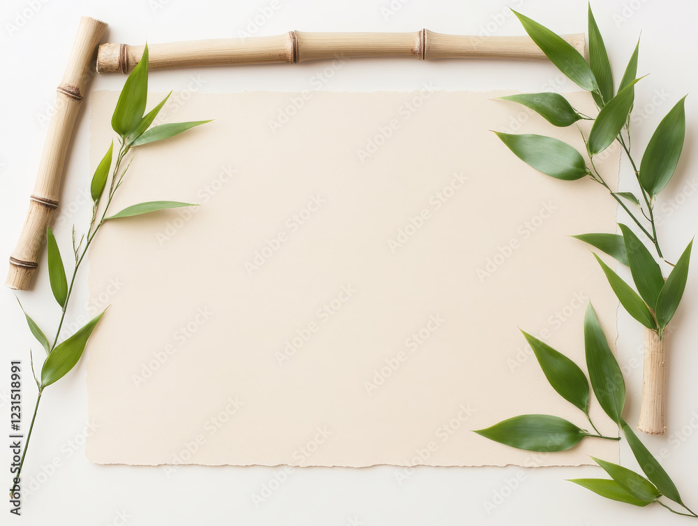 Naklejka premium Serene beige paper bordered by bamboo stalks and lush green leaves. A minimalist, natural composition.