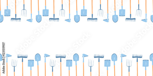 Vector frame of color garden tools: shovel, hoe, rake, pitchfork. Working equipment. Horizontal upper and lower edging, border, divider on gardening, farming, agriculture