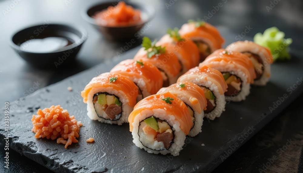 Delicious Salmon Sushi Rolls on a Dark Stone Plate Delicious Salmon Sushi Rolls on a Dark Stone Plate