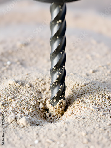 Drill bit penetrating sand, close-up view showing dust and particles. photo