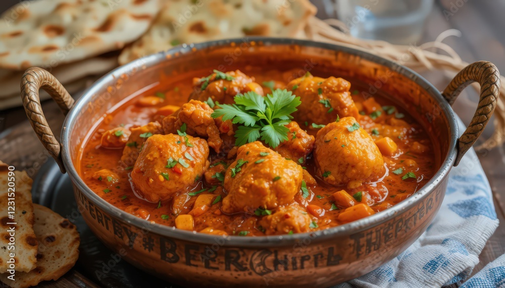 Delicious Chicken Curry in a Copper Pot with Naan Delicious Chicken Curry in a Copper Pot with Naan