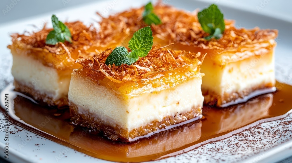 Delicious dessert featuring layers of creamy texture and crispy topping garnished with mint leaves on a plate Delicious dessert featuring layers of creamy texture and crispy topping garnished with mint leaves on a plate