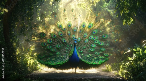 Majestic peacock displaying plumage in sunlit jungle