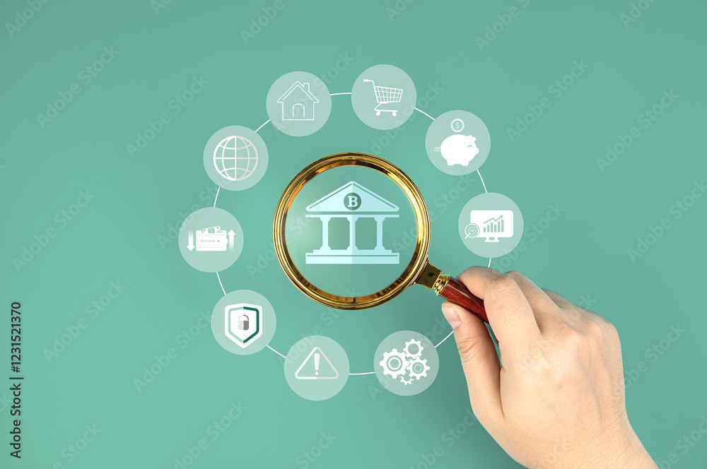 Online banking concept. Bank icon in magnifying glass with financial icons. financial management technology, security systems, bank transfer services and investment trading