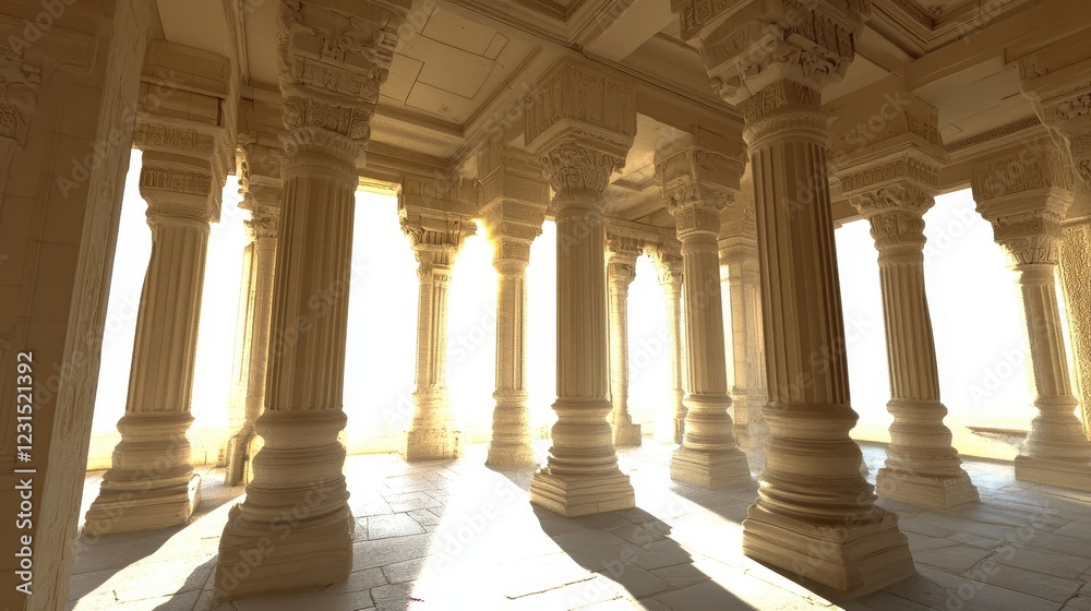 Fototapeta premium Sunlit Colonnade Interior Ancient Architectural Detail