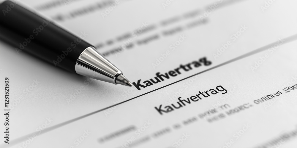 Kaufvertrag der zur Unterschrift ist. Kugelschreiber liegt auf dem Tisch. Vertrag - Kaufen - Unterschrift Kaufvertrag der zur Unterschrift ist. Kugelschreiber liegt auf dem Tisch. Vertrag - Kaufen - Unterschrift