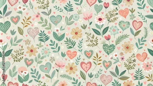 Lovely Floral Heart Pattern Design Featuring Delicate Blooms and Charming Hearts
