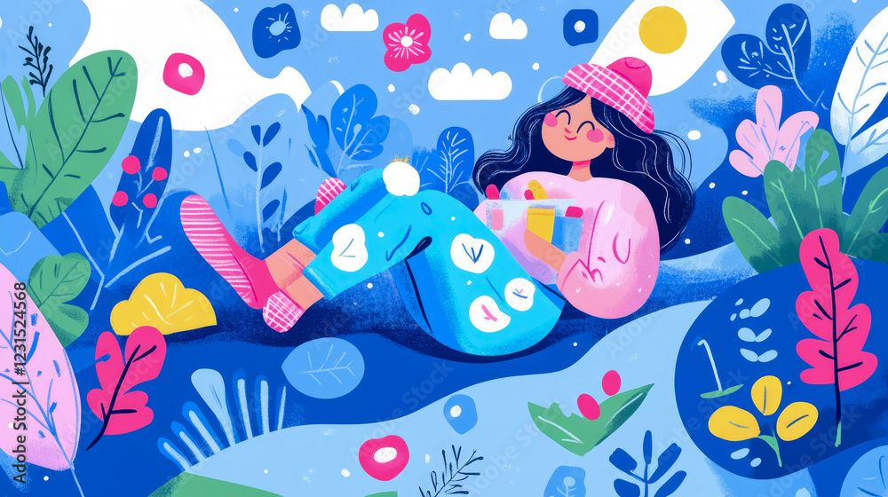 Obraz premium Enchanted Winters Daydream: Girl Amidst Abstract Flora