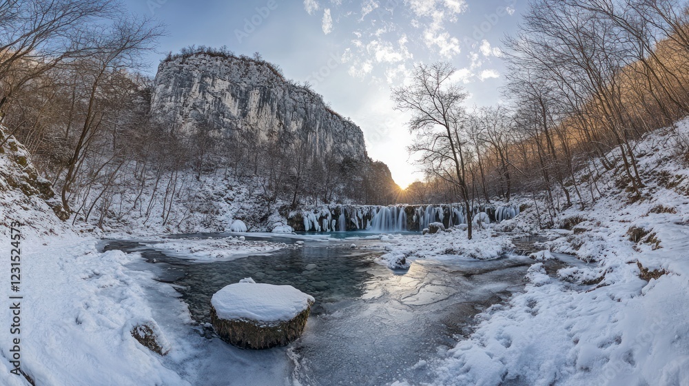 Fototapeta premium Winter sunset over frozen waterfall, river, snow-covered landscape