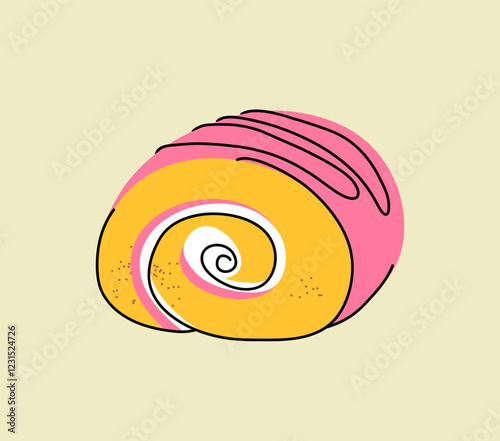 Sponge cake roll with chocolate icing in a cut on a light background, cute simple hand drawn illustration, drawing, flat style