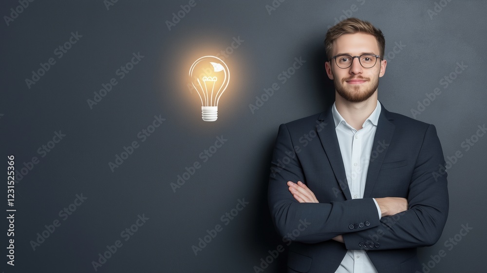 Businessman standing with arms crossed near a glowing light bulb symbol on a dark wall. Concept of innovation and leadership. Businessman standing with arms crossed near a glowing light bulb symbol on a dark wall. Concept of innovation and leadership.