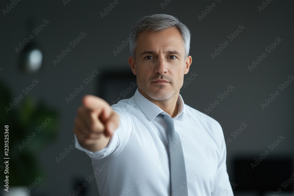Portrait of a confident middle-aged businessman in a white shirt pointing directly at the viewer with a determined expression. Concept of leadership and focus.
