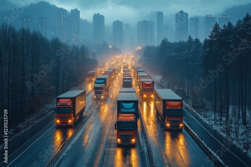 Trucks lined up on a busy road with urban skyline in the background during twilight hours on a rainy evening photo