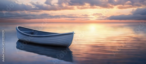 Serene sunset harbor scene with a solitary white boat anchored on calm reflective water creating a tranquil atmosphere with pastel hues. photo