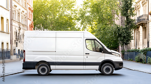 White cargo van parked on city street. Empty van body ideal for branding advertising. Modern vehicle on city road. Commercial transport vehicle. Delivery logistic business. Urban setting. photo