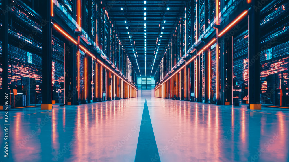 Fototapeta premium Neon-lit Data Center Corridor