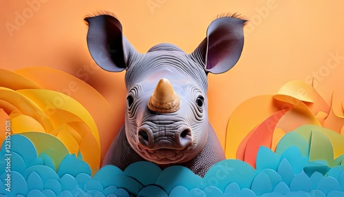 Playful Baby Rhino Emerging from Colorful Paper
