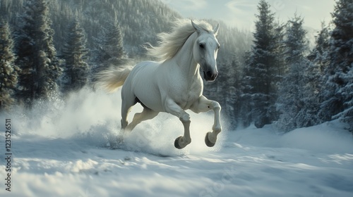 Majestic white horse galloping through snowy mountain forest.  Possible stock photo use photo