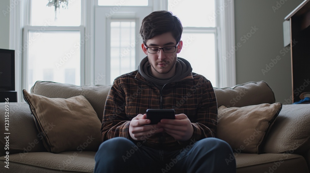 Sitting comfortably on a soft couch, a young man immerses himself in an engaging activity on his smartphone, surrounded by a serene indoor setting. Natural light fills the room Sitting comfortably on a soft couch, a young man immerses himself in an engaging activity on his smartphone, surrounded by a serene indoor setting. Natural light fills the room