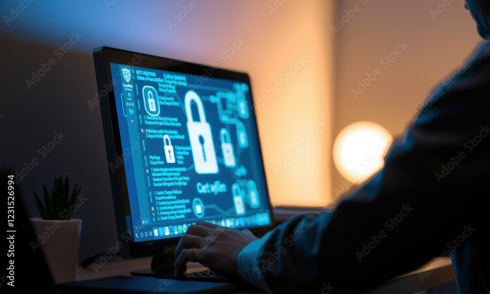 person working on computer displaying cybersecurity information, emphasizing importance of cyber hygiene and data protection person working on computer displaying cybersecurity information, emphasizing importance of cyber hygiene and data protection