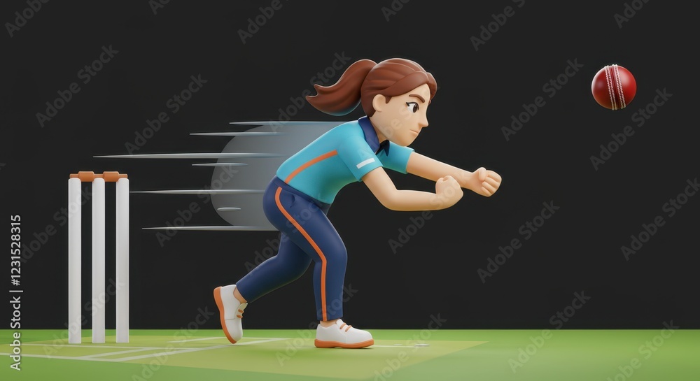 Fototapeta premium Animated cricket player in action, bowling a ball on a green field
