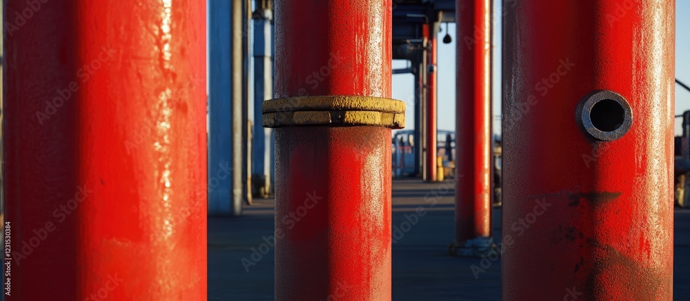 Red steel columns with blue accents in an industrial setting highlighting craftsmanship and attention to detail with a focus on textures and colors. Red steel columns with blue accents in an industrial setting highlighting craftsmanship and attention to detail with a focus on textures and colors.