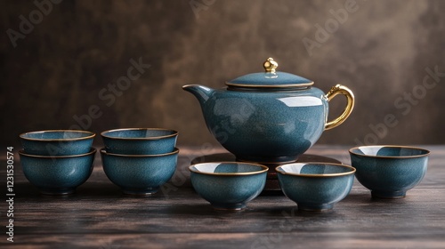 Wallpaper Mural Teal teapot and cups on dark wood. Torontodigital.ca