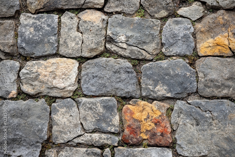 Stone wall with distinct red and yellow paint patches creating a textured urban background Stone wall with distinct red and yellow paint patches creating a textured urban background