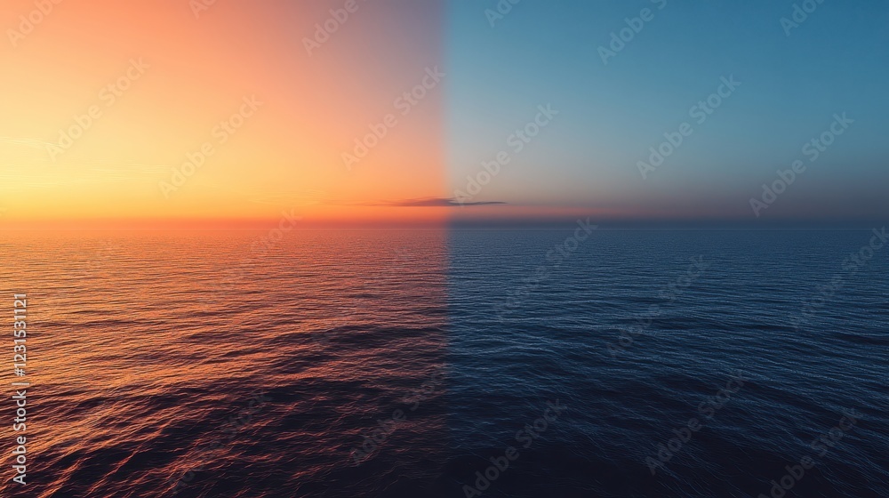 Obraz premium Vibrant sunset over the ocean with bright orange sky reflecting on the water surface