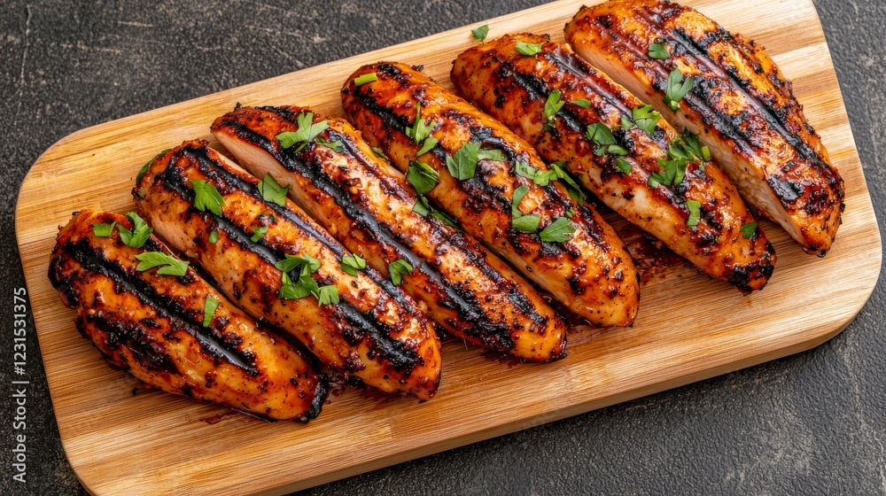 Grilled Chicken Fillets Garnished with Fresh Herbs on Wooden Platter Ready for Serving and Enjoying Grilled Chicken Fillets Garnished with Fresh Herbs on Wooden Platter Ready for Serving and Enjoying