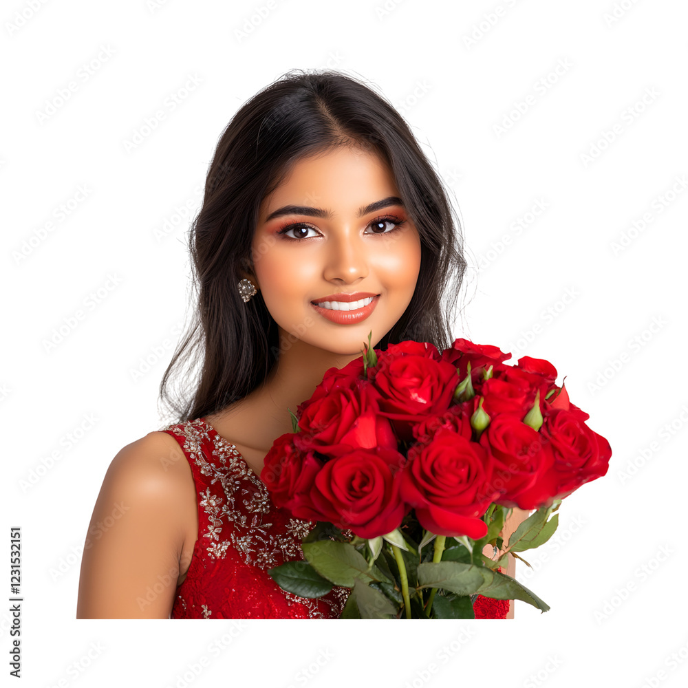 Stunning Young Woman in Red Dress Holding a Bouquet of Red Roses Isolated on Transparent Background Stunning Young Woman in Red Dress Holding a Bouquet of Red Roses Isolated on Transparent Background