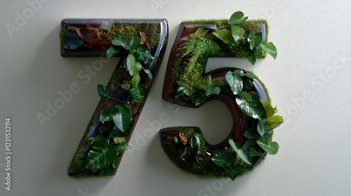 Close Up Detailed View of Number Seventy-Five Crafted from Lush Green Ivy and Moss on a White Wall photo