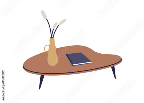 Wooden coffee table with vase, book. Wood furniture with flower branches, magazine, home decoration. Modern Scandinavian retro interior style. Flat vector illustration isolated on white background