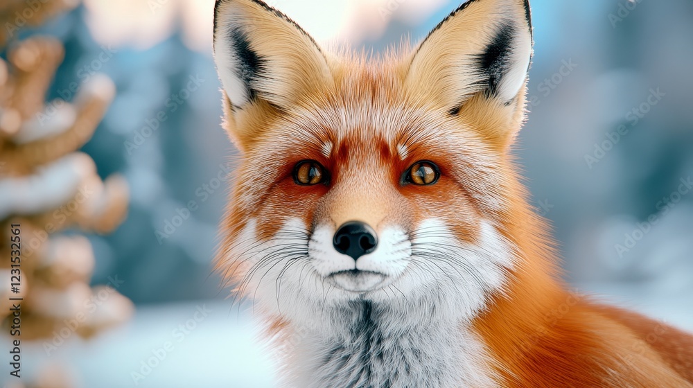Obraz premium Close-up of a Beautiful Red Fox with Winter Landscape Background